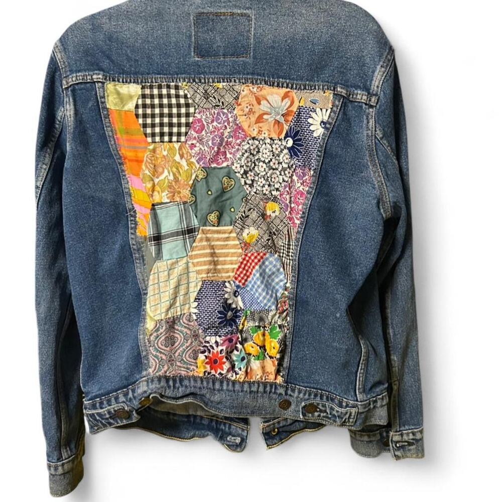 Medium Levis medium denim jacket colorful boho upcycled handmade quilt patch